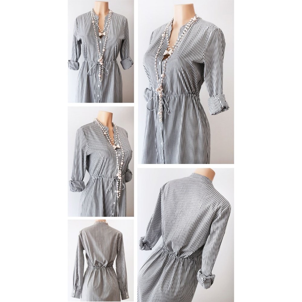 Stripe Cotton Drawstring Crochet Midi Shirt Dress - Picture 3 of 8